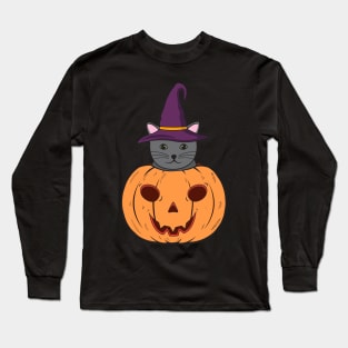 Halloween Cute Cat With Witch Hat Stuck In A Pumpkin Head. Long Sleeve T-Shirt